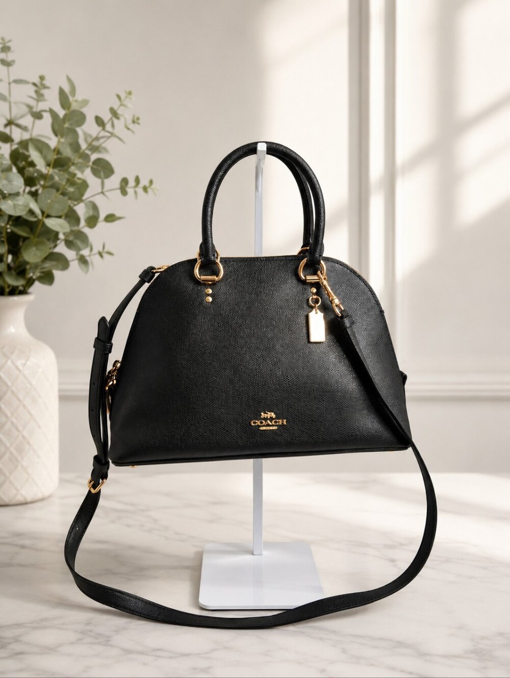 Coach Katy Satchel Black Leather Top Handle Crossbody EUC